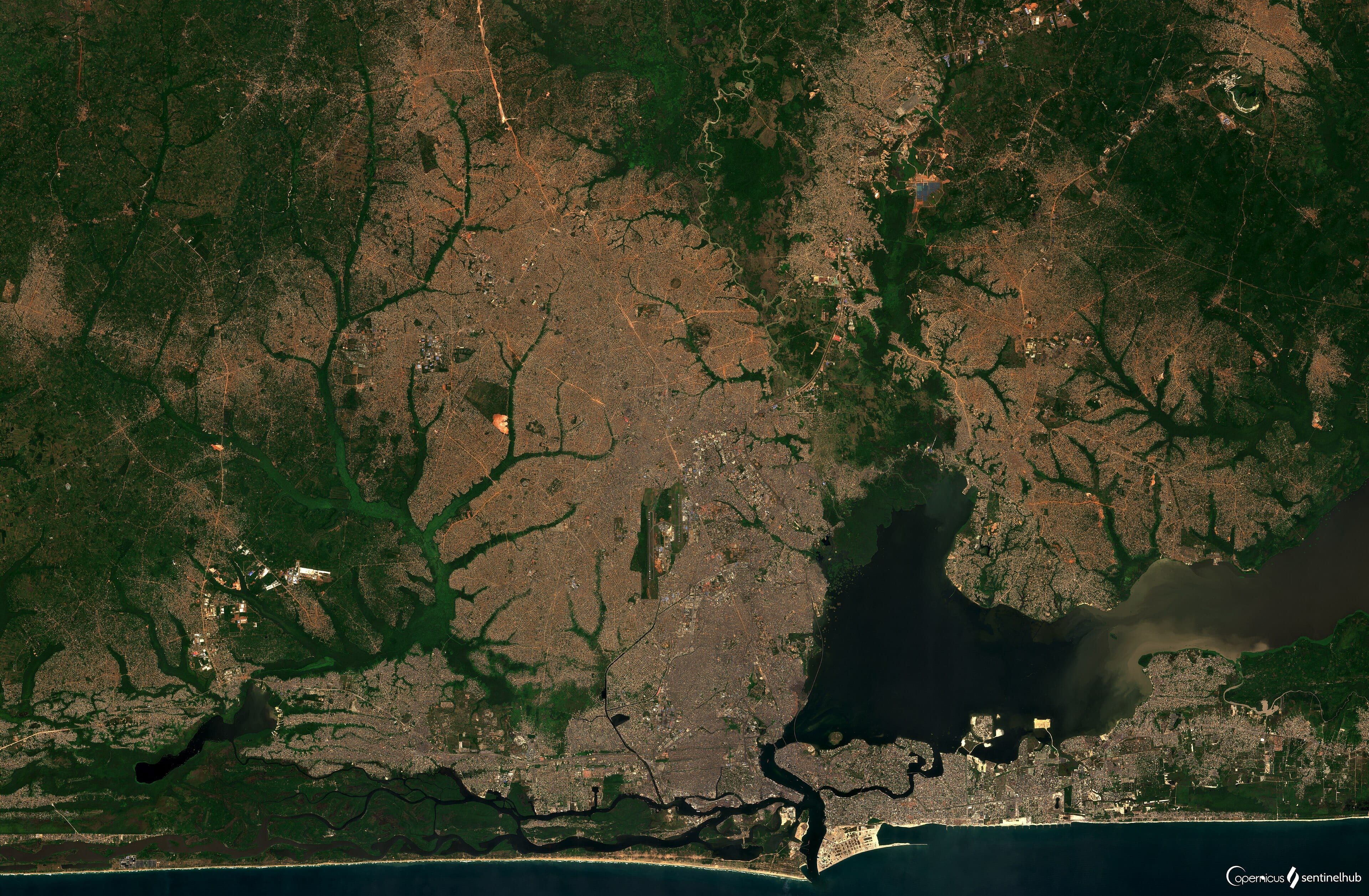 Satellite view of Lagos and its lagoon, Copernicus Sentinel-2, Lagos, Nigeria
