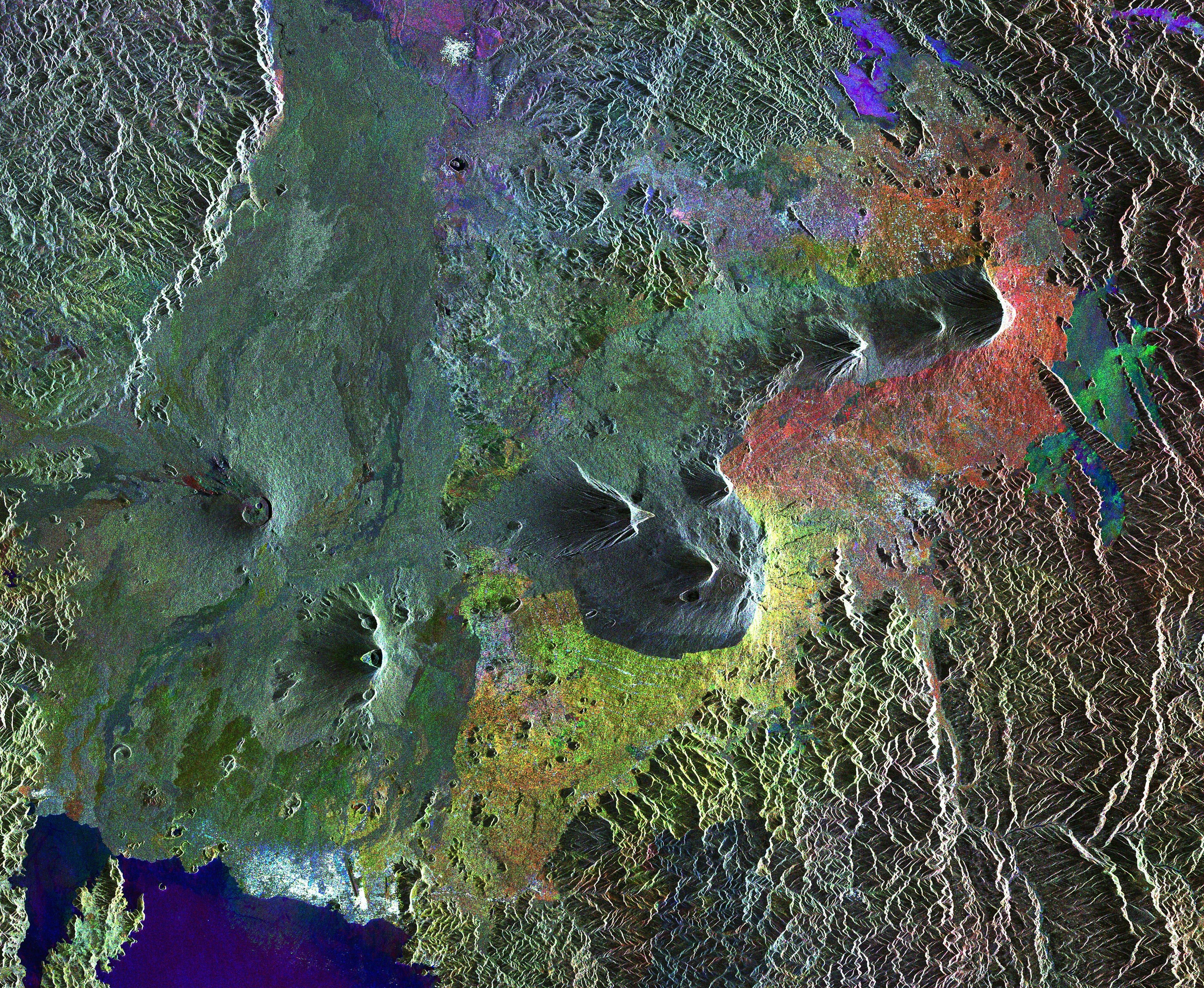 Satellite view of The Virunga volcanic chain, Envisat radar composite, Rwanda, Uganda and DR Congo